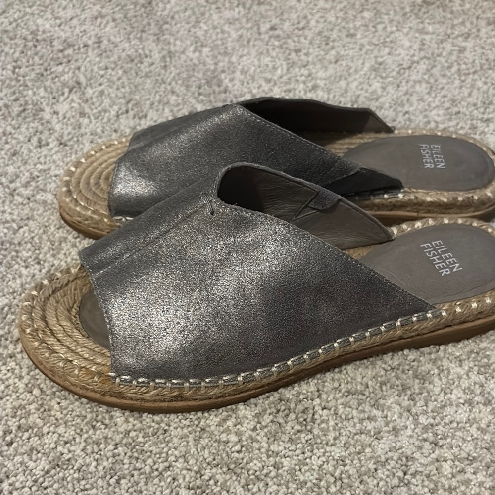 EILEEN FISHER MILLY VENUS SILVER METALLIC  ESPADRILLE SLIDE SANDALS. SIZE: 9.5